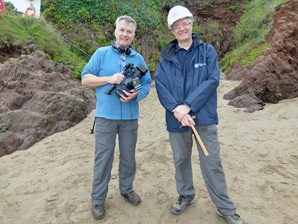Ed Collard (Widecast) and Andy Howard (BGS) at Sedgewell Cove, Bigbury-on-Sea, Devon (Devonian siltstones).