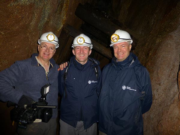 Ed Collard (Widecast), Clive Mitchell (BGS) and Andy Howard (BGS) at Rosevale Mine, Zennor, Cornwall (granite with tin mineralisation).